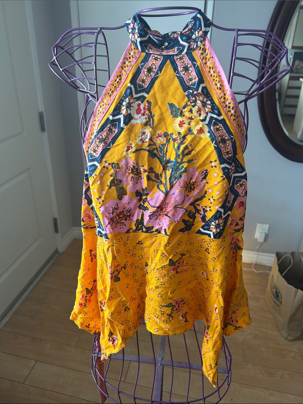 Free People Yellow Floral Halter Tank with Pink and Navy Accents